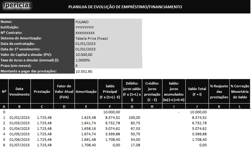 Planilha Empréstimo/Financiamento